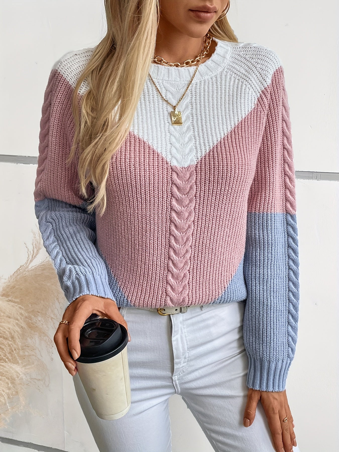 [Cute Sweaters] Soft Geometric Color-Block Round Neck Pullover Sweater | Women's Long Sleeve Casual Chic Fall Winter Top in Pink & Blue Tones