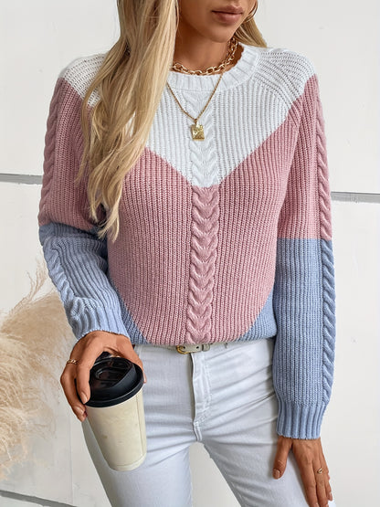 [Cute Sweaters] Soft Geometric Color-Block Round Neck Pullover Sweater | Women's Long Sleeve Casual Chic Fall Winter Top in Pink & Blue Tones