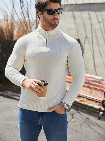 Men's Casual Zip-Up High Neck Sweater - Long Sleeve, Stretch Knit Pullover in Light Color, Machine Washable for Fall/Winter, Plus Size Sweaters