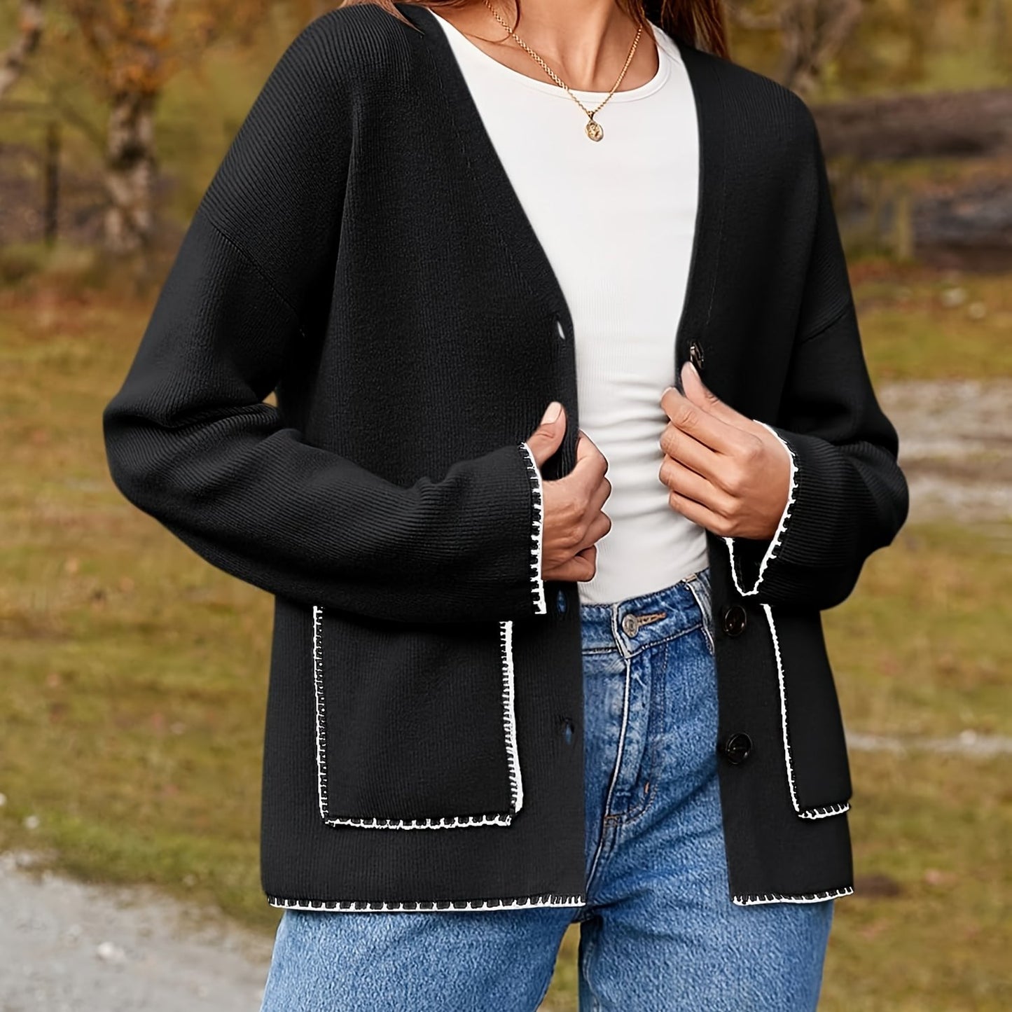 Womens Button Up Cardigan Sweaters Fall Trendy Knit Open Front Casual Loose Sweater Coat With Pockets