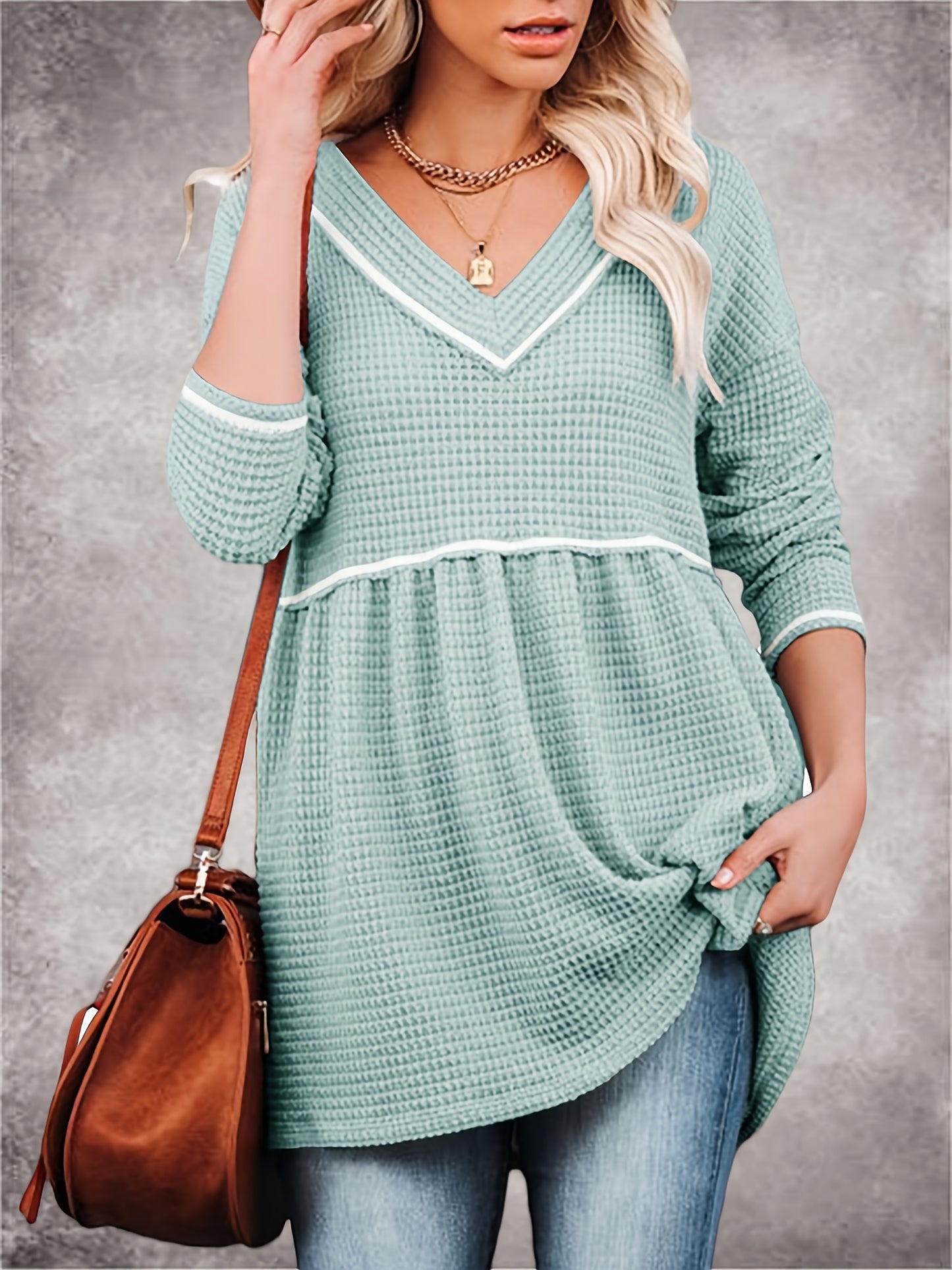 Womens V Neck Waffle Tunic Top Long Sleeve Peplum Pullover Babydoll Casual Flowy Swing Tshirts Pullover Sweaters
