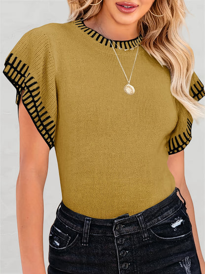 Womens Short Sleeve Sweaters Tops Summer Ruffle Striped Loose Crew Neck Lightweight Soft Shirts Knit Sweater