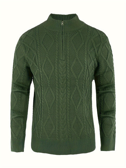 Runcati Mens Quarter-Zip Sweater Cable Knitted Stand Collar Pullover Soft Casual Thermal Twisted Knitwear Sweaters