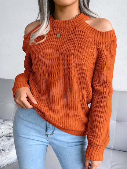 Casual Cold Shoulder Crew Neck Knitted Tops - Solid Color Pullover Sweaters for Women - Everyday Wear