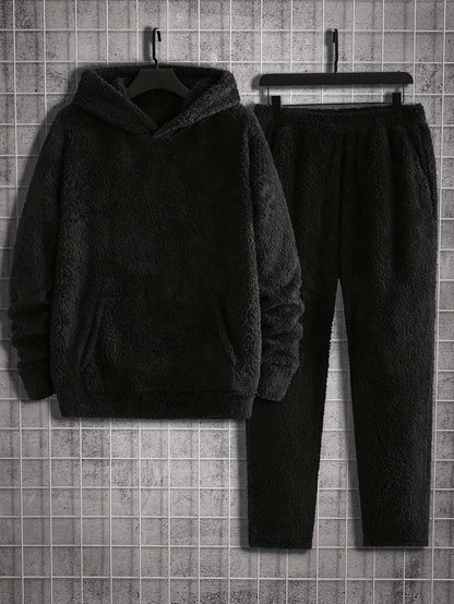 Plus Size Men's Solid Fleece Hooded Sweatshirt & Sweatpants Set For Fall Winter, 2Pcs Outfits, Men's Clothing
