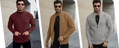 Men's Cardigan Sweaters Full Zip Up Sweater Solid Color Cable Knit Zipper Sweater Men Jackets