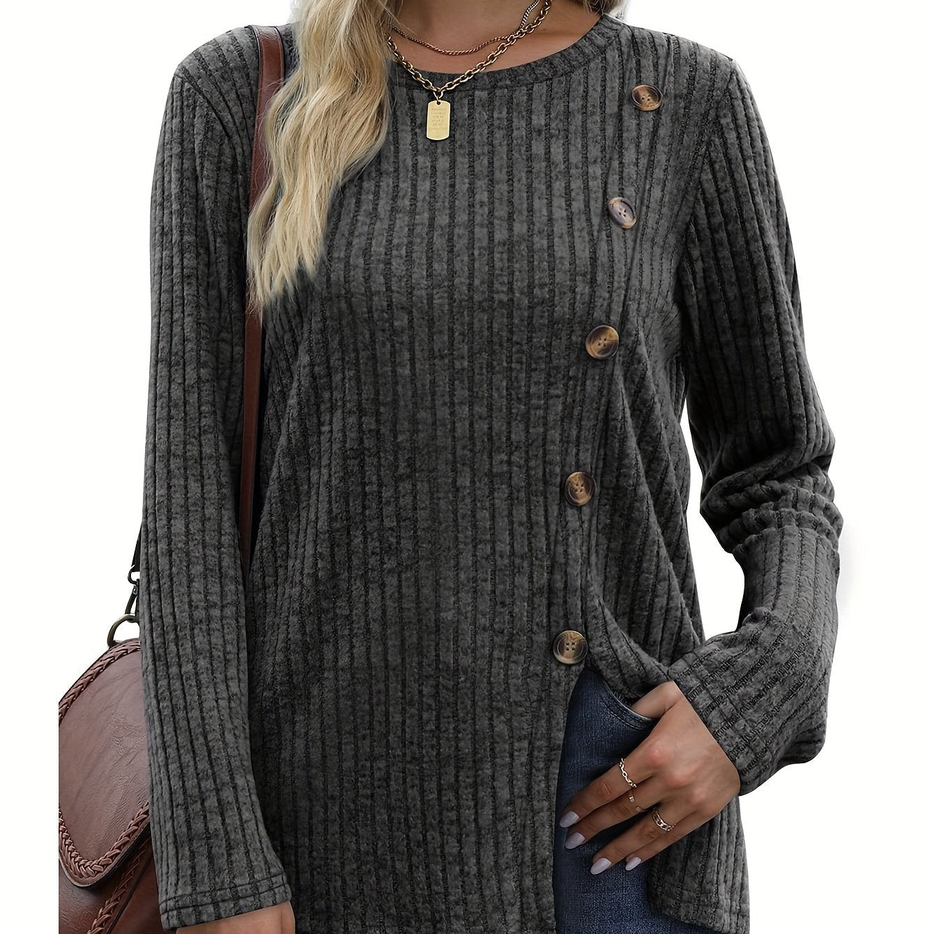 Women's Long Sleeve Crew Neck Tunic Tops Buttons Side Pullover Sweaters Fall Winter