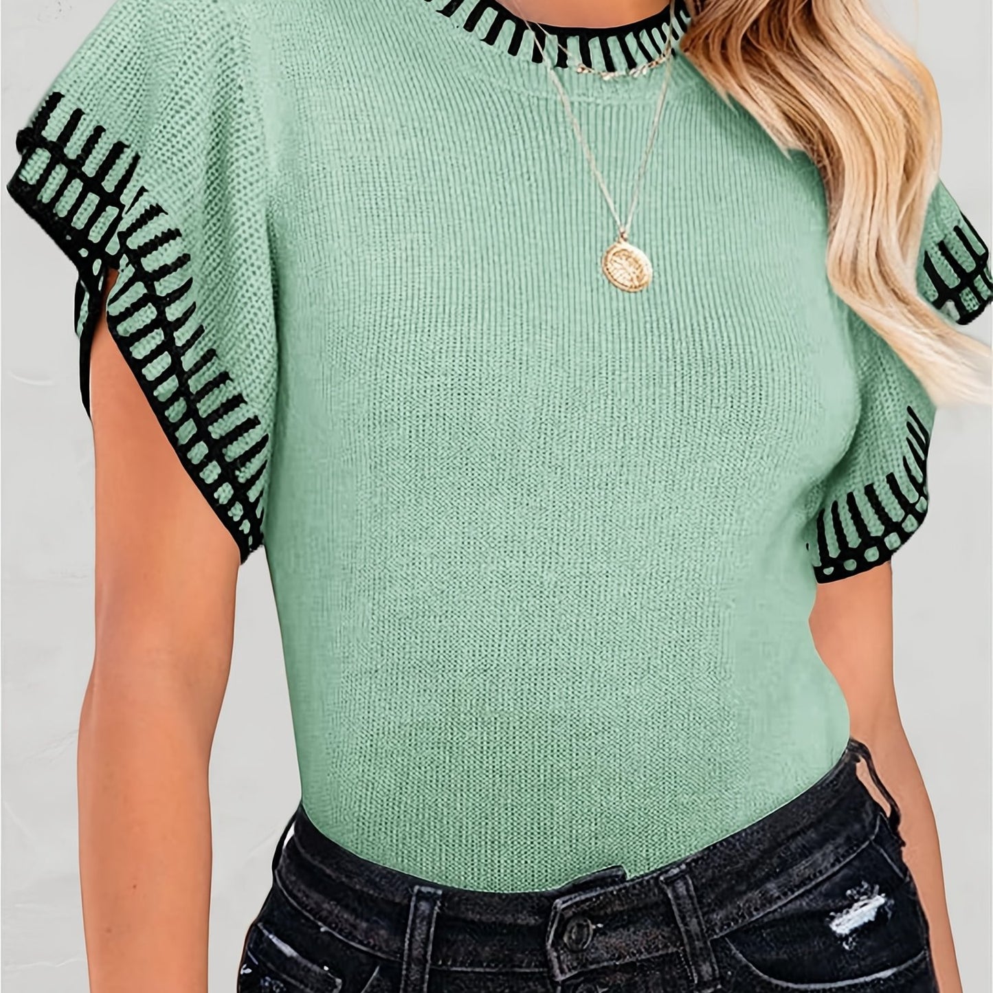 Womens Short Sleeve Sweaters Tops Summer Ruffle Striped Loose Crew Neck Lightweight Soft Shirts Knit Sweater