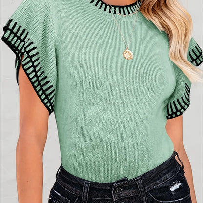 Womens Short Sleeve Sweaters Tops Summer Ruffle Striped Loose Crew Neck Lightweight Soft Shirts Knit Sweater