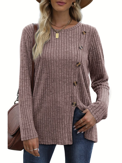 Women's Long Sleeve Crew Neck Tunic Tops Buttons Side Pullover Sweaters Fall Winter