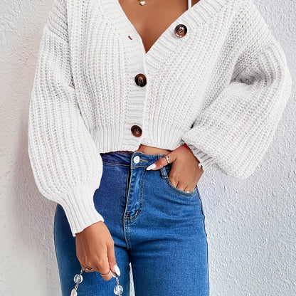 Women's Casual Button-Front Open Collar Sweater with Lantern Sleeves - High Elasticity Drop Shoulder Pullover, Solid Color Fall Winter Knit Top for Casual Attire, Casual Winter Wear | Buttonfront Cardigan | Soft Texture Sweat