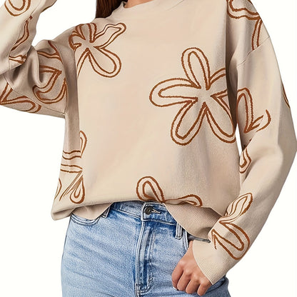Long Sleeve Floral Print Cable Knit Casual Crewneck Sweaters For Women Pullover Sweater Tops