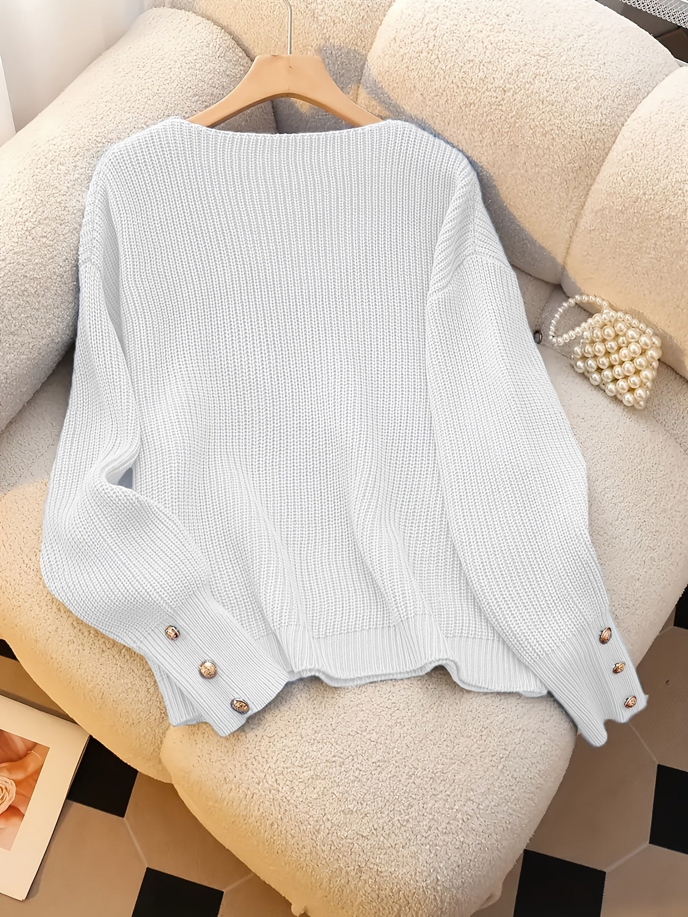 Women's Light Blue V-Neck Ribbed Sweater - Elegant Long Sleeve Pullover with Faux Button Detail, Machine Washable Fall Winter Top for Casual & Formal Wear, Cute Sweaters, Seasonal Wardrobe, Classic Knitwear, Quality Stitching