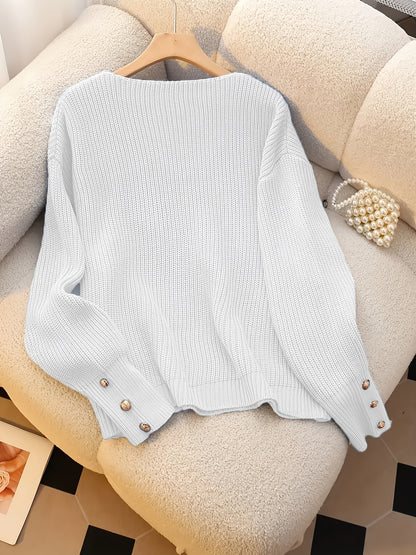 Women's Light Blue V-Neck Ribbed Sweater - Elegant Long Sleeve Pullover with Faux Button Detail, Machine Washable Fall Winter Top for Casual & Formal Wear, Cute Sweaters, Seasonal Wardrobe, Classic Knitwear, Quality Stitching