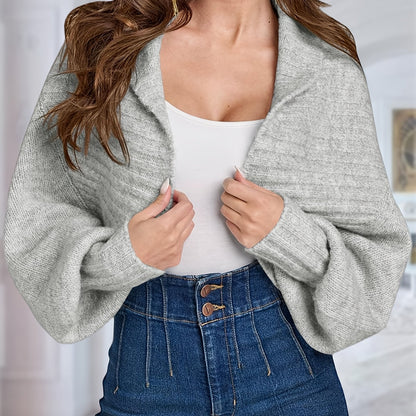 Womens Crop Long Lantern Sleeve Cardigan Sweaters Fashion Lapel Short Bolero Shrugs Casual Open Front Knit Top