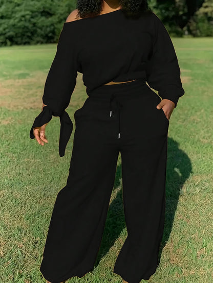 Women'S Solid Color Casual 2pcs Set, Women'S Spring And Autumn Casual Asymmetry, Drawstring, Pocket Three-quarter Length Sleeve Loose Black Bat Sleeve Sweatshirt Sweatpants Women'S Two-piece Outfit, Casual Everyday Wear