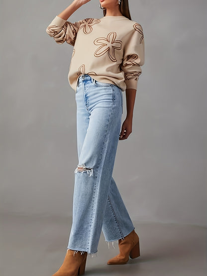 Long Sleeve Floral Print Cable Knit Casual Crewneck Sweaters For Women Pullover Sweater Tops