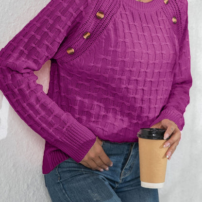 Women's Elegant 3D Bow Button Detail Sweater - Soft Long Sleeve Round Neck Pullover, Solid Color Regular Fit Fall Winter Cozy Top, Cute Sweaters