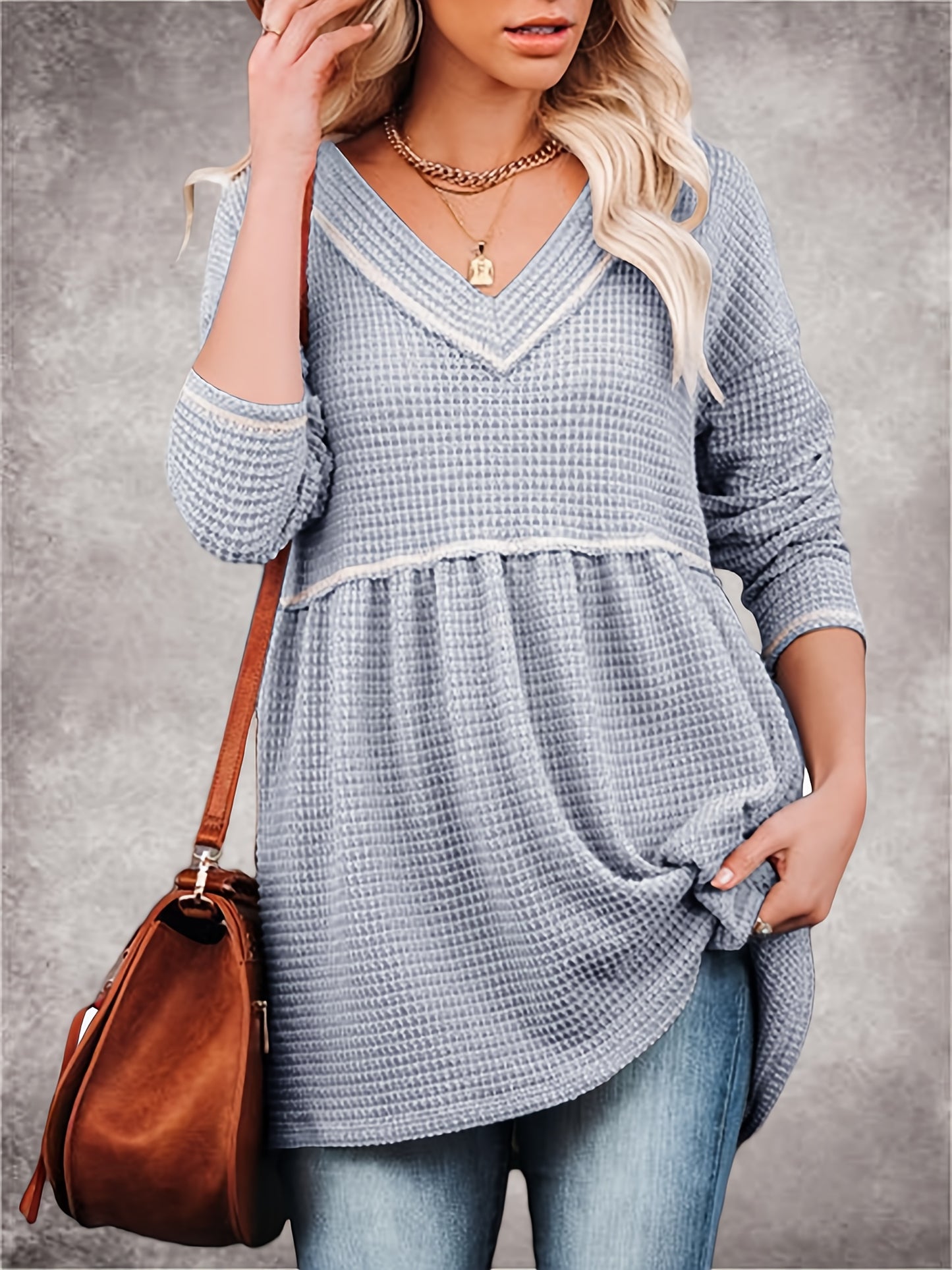 Womens V Neck Waffle Tunic Top Long Sleeve Peplum Pullover Babydoll Casual Flowy Swing Tshirts Pullover Sweaters