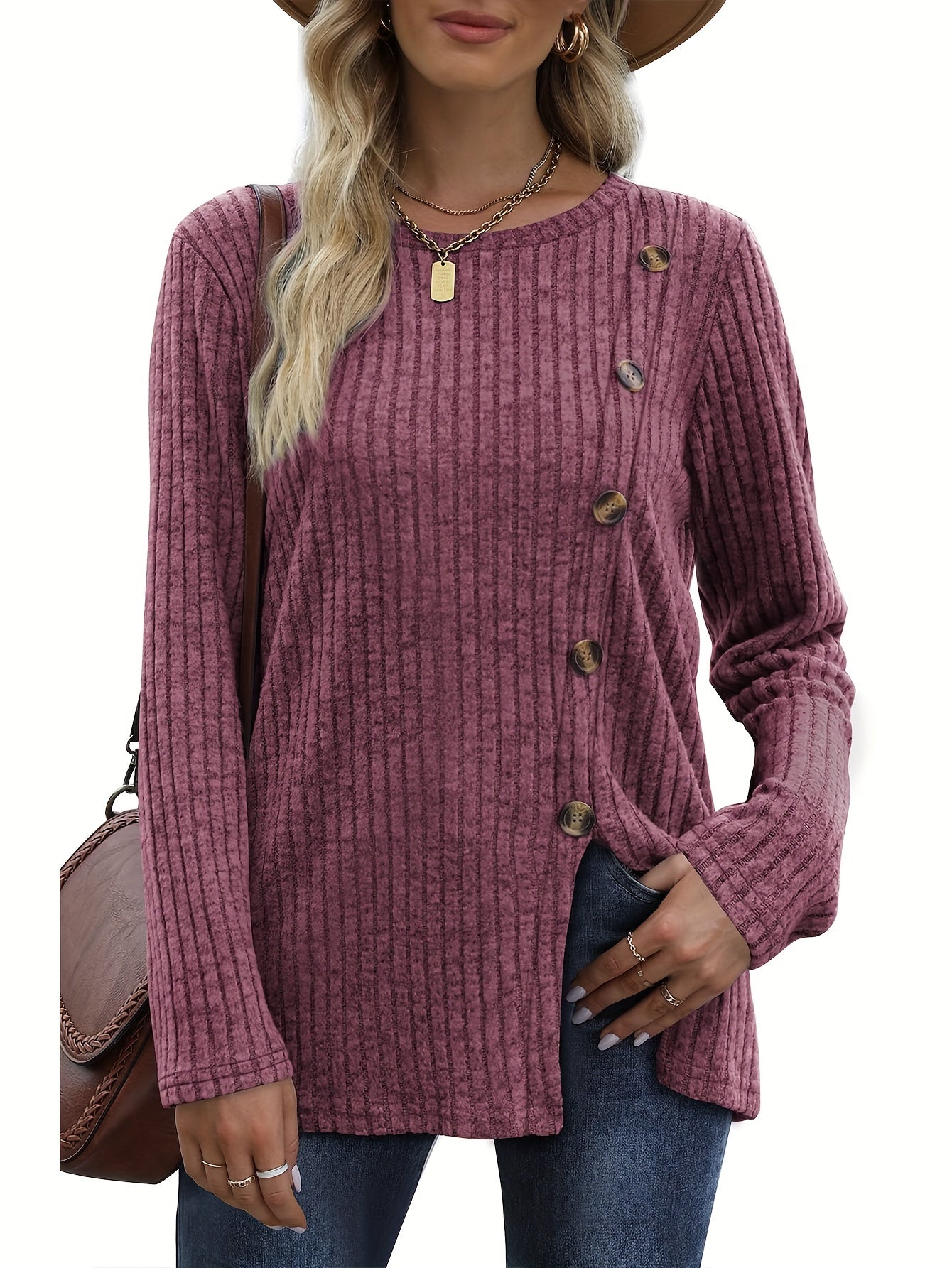 Women's Long Sleeve Crew Neck Tunic Tops Buttons Side Pullover Sweaters Fall Winter