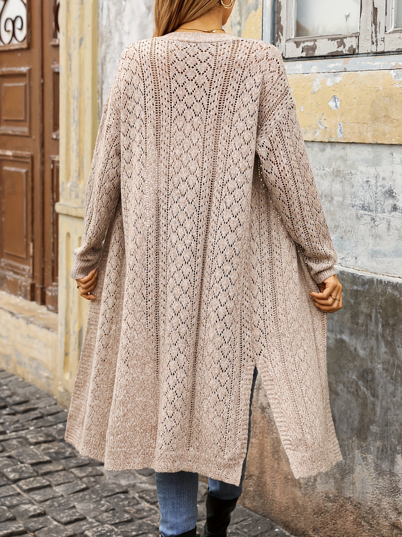 Women's Elegant Open-Front Longline Cardigan Sweater - Semi-Sheer Beige Fall Winter Layering Piece, Chic Office to Casual Outing Coat, Ladies Sweaters, Versatile Outerwear, Open Front Design, Stylish Craftsmanship, Stylish Co