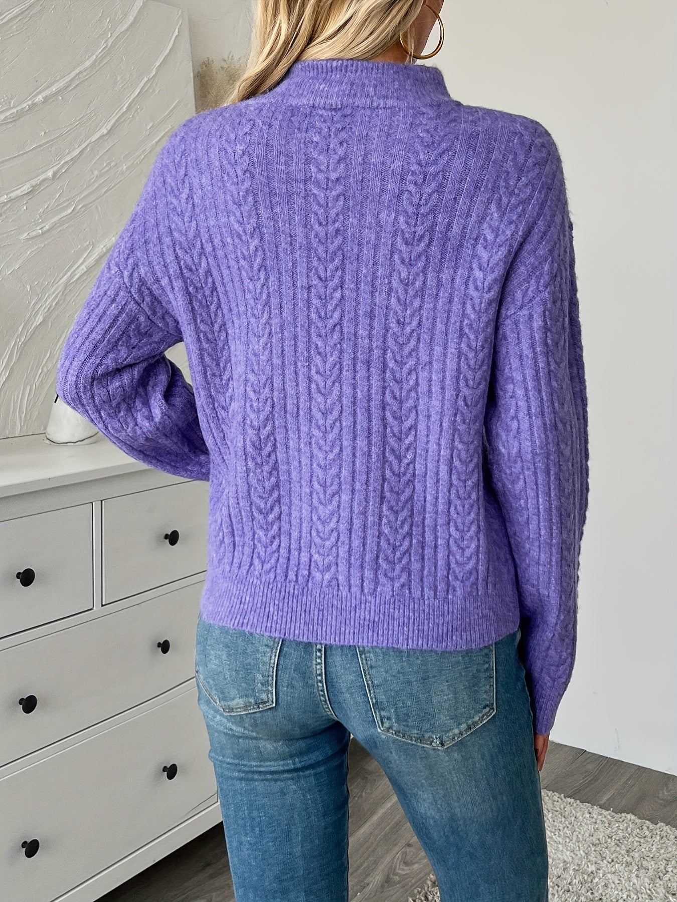 Women's Stylish Purple Cable Knit Sweater with Half-Zip Detail - Soft Ribbed Collar, Long Sleeve, Warm & Cozy for Fall/Winter Casual Outfits, Casual Winter Wear | Textured Neckline | Acrylic Fabric, Cute Sweaters