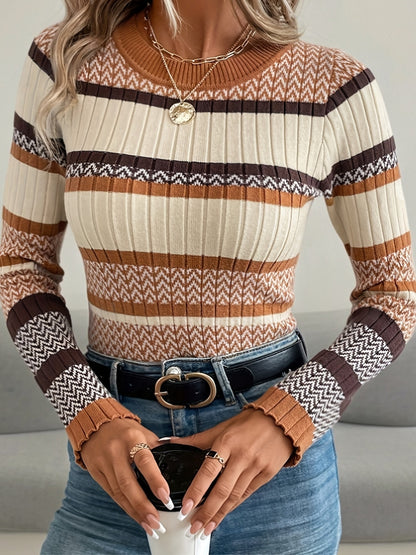 [Elegant Sweater] Elegant Striped Sweater | Women's Navy Blue Round Neck Long Sleeve, All-Season Machine Washable Top, Middle East Collection, Cute Sweaters, Cozy Winter Apparel, Sophisticated Casual Wear, Comfortable Fit