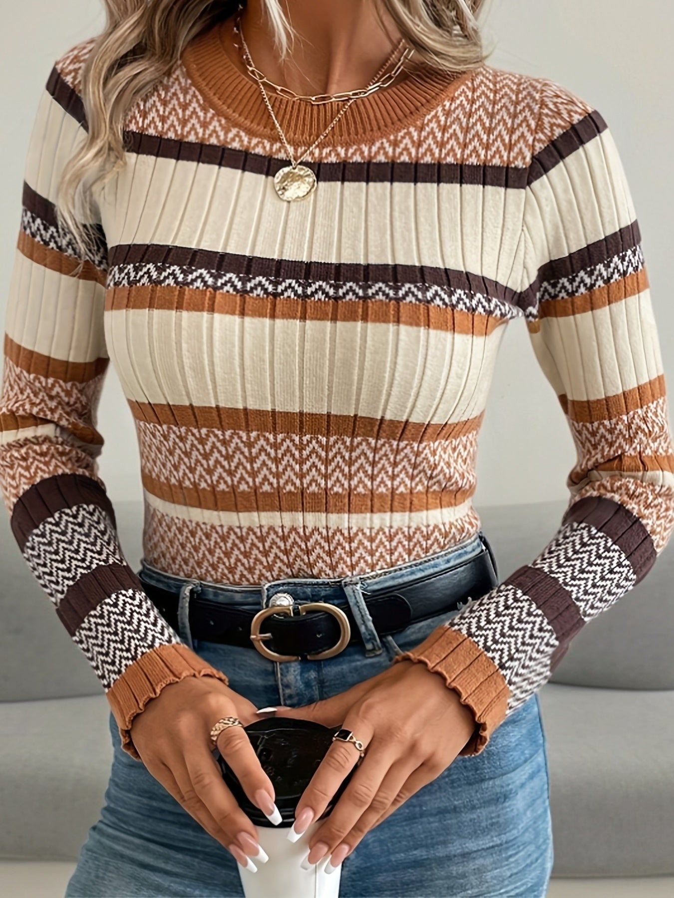 [Elegant Sweater] Elegant Striped Sweater | Women's Navy Blue Round Neck Long Sleeve, All-Season Machine Washable Top, Middle East Collection, Cute Sweaters, Cozy Winter Apparel, Sophisticated Casual Wear, Comfortable Fit