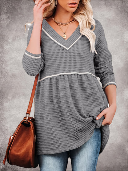 Womens V Neck Waffle Tunic Top Long Sleeve Peplum Pullover Babydoll Casual Flowy Swing Tshirts Pullover Sweaters