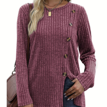 Women's Long Sleeve Crew Neck Tunic Tops Buttons Side Pullover Sweaters Fall Winter