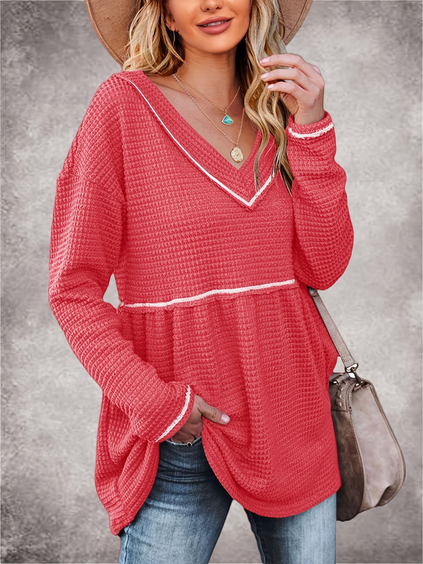 Womens V Neck Waffle Tunic Top Long Sleeve Peplum Pullover Babydoll Casual Flowy Swing Tshirts Pullover Sweaters