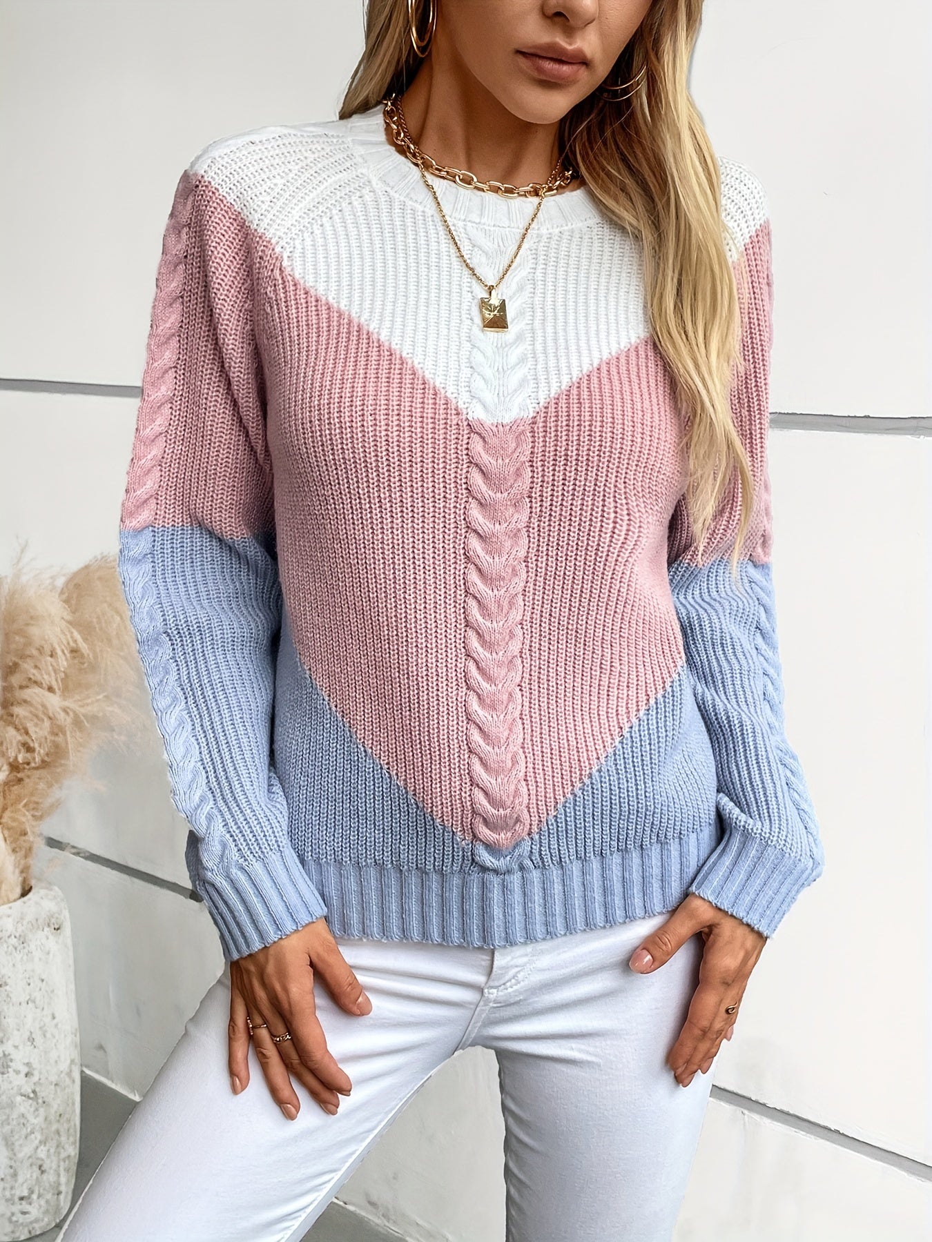 [Cute Sweaters] Soft Geometric Color-Block Round Neck Pullover Sweater | Women's Long Sleeve Casual Chic Fall Winter Top in Pink & Blue Tones