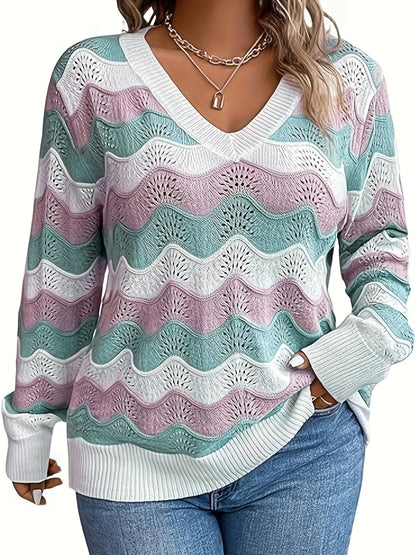 Elegant Plus Size V-Neck Sweater for Women - Striped, Hollow-Out Knit Pullover with Long Sleeves, Plus Size Sweaters