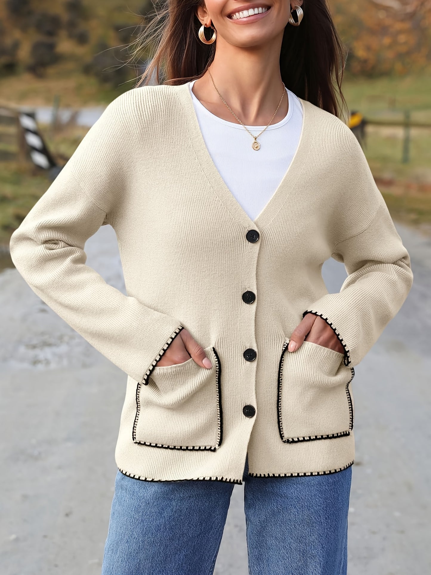 Womens Button Up Cardigan Sweaters Fall Trendy Knit Open Front Casual Loose Sweater Coat With Pockets