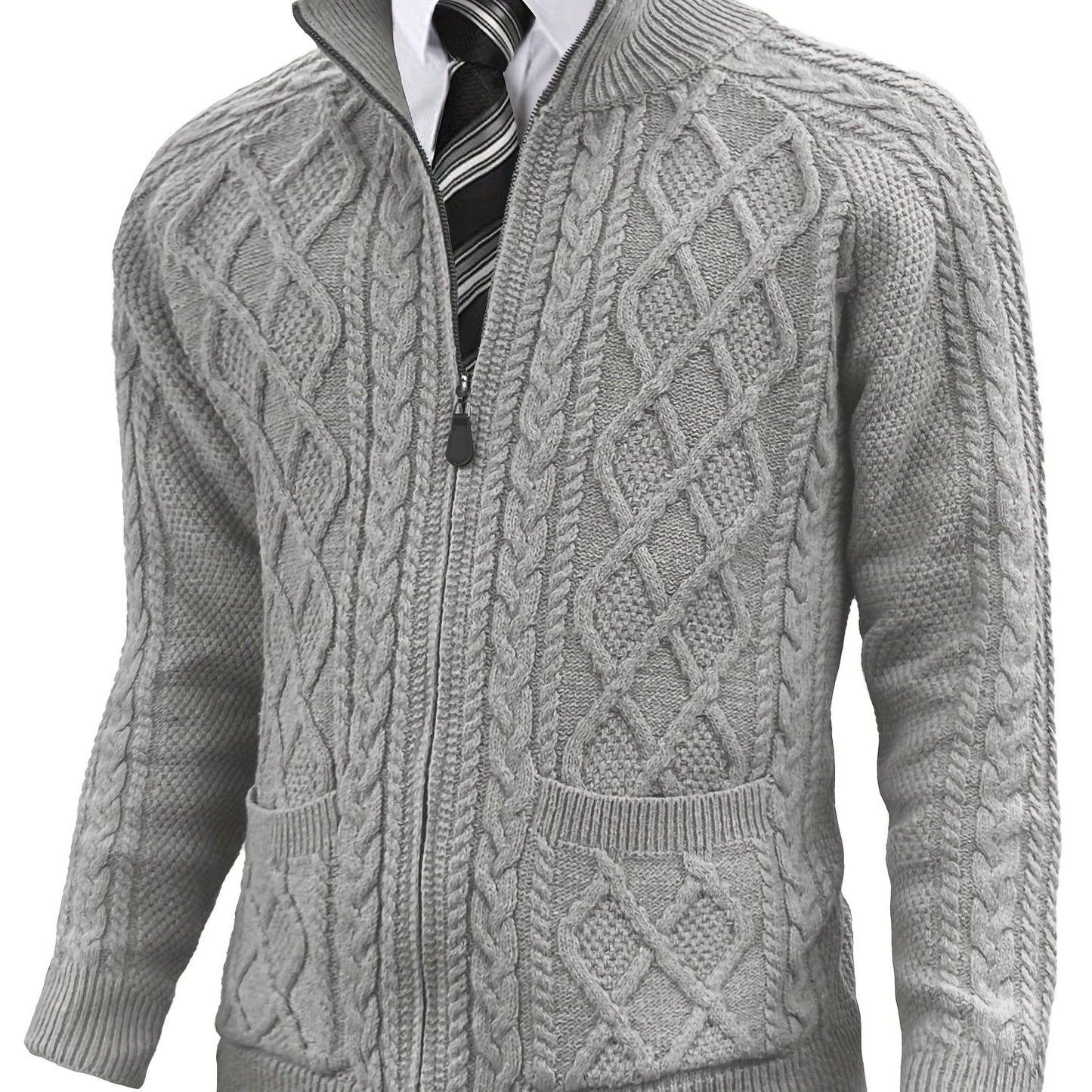 Men's Cardigan Sweaters Full Zip Up Sweater Solid Color Cable Knit Zipper Sweater Men Jackets