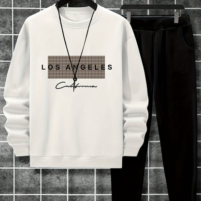 2-Piece Cozy Script Print Sweatshirt & Sweatpants Set - Soft, Trendy, and Comfy Outfits for Boys - Ideal for Fall, Winter, Daily Life, and Outdoor Activities in Los Angeles and California Style