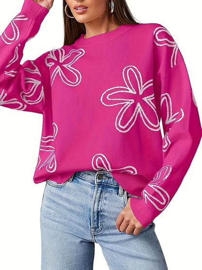 Long Sleeve Floral Print Cable Knit Casual Crewneck Sweaters For Women Pullover Sweater Tops
