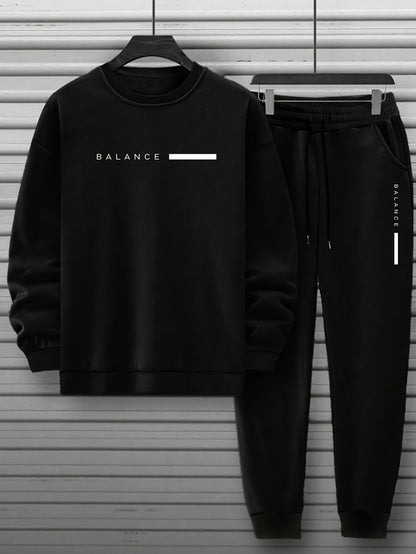 2-Piece Mens Balance Graphic Print Sweatshirt & Sweatpants Set - Sweatsuits with Loose Crew Neck, Drawstring Waist, Long Sleeve, and Outdoor Comfort