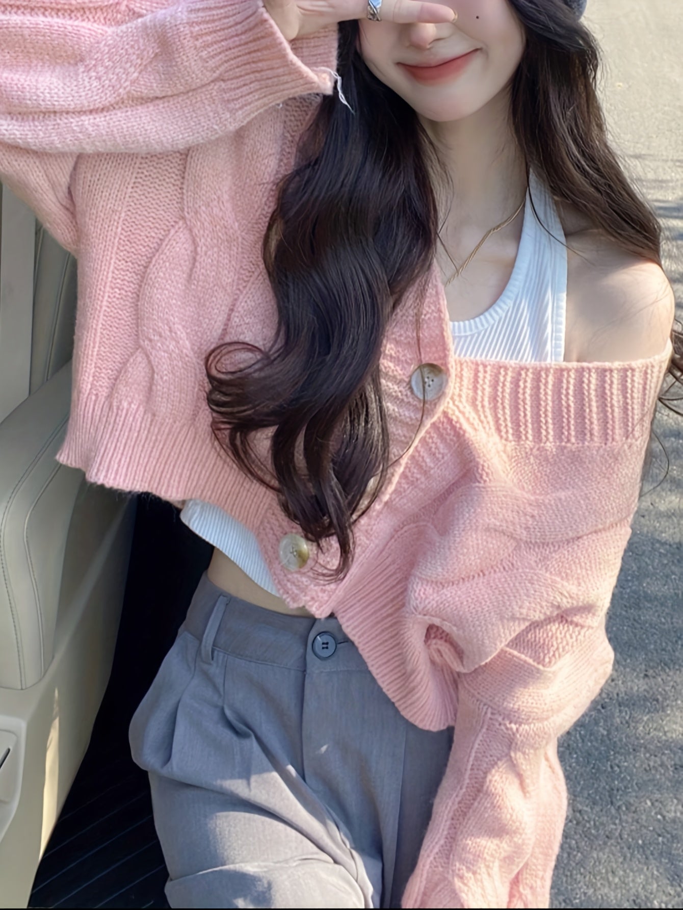 Women's Casual V-Neck Cropped Sweater - High Elasticity Long Sleeve Open Front Button Detail, Loose Fit Solid Color Spring/Fall Layering Essential, Cute Sweaters, Comfortable Knitwear, Durable Knitwear