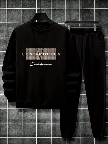 2-Piece Cozy Script Print Sweatshirt & Sweatpants Set - Soft, Trendy, and Comfy Outfits for Boys - Ideal for Fall, Winter, Daily Life, and Outdoor Activities in Los Angeles and California Style