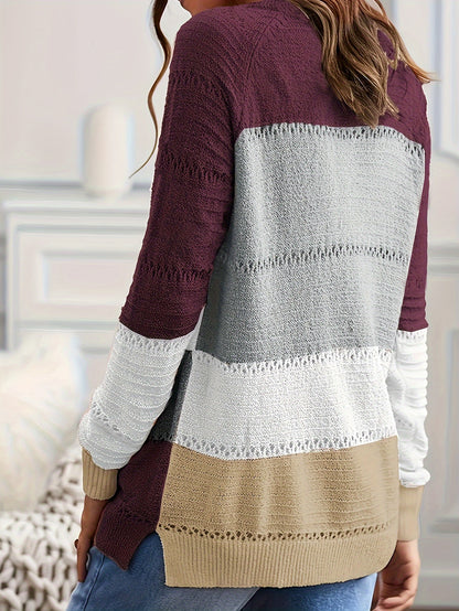 Women's Casual Striped Color-Block Pullover Sweater - Semi-Sheer Round Neck Spring/Fall Top with Green/White/Gray Stripes, Hand Wash or Dry Clean, Cute Sweaters