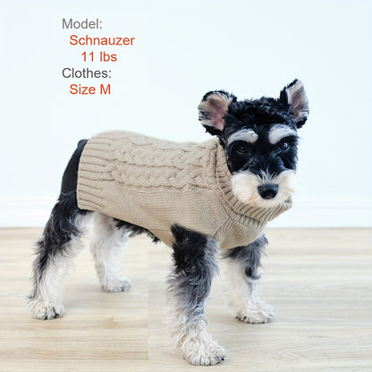 Dog Sweaters For Small Puppy Turtleneck, Doggie Cable Knit Pet Sweater With Classic Pattern For Cold Weather, Khaki Color