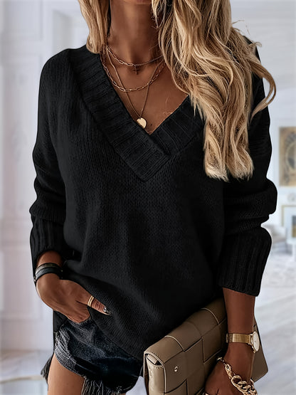 Womens Loose Sweaters Sexy V Neck Long Sleeve Solid Knitted Jumper Pullover Sweatshirt Tops