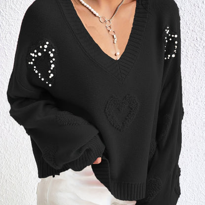 Elegant Women's V-Neck Knit Sweater with Heart Cut-Out Detail - Casual Long Sleeve Pullover, Lightweight Polyester, Perfect for All Seasons, Plus Size Sweaters