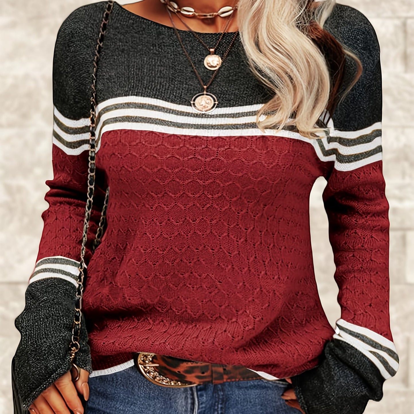Women Autumn Winter Colorblock Pullover Sweaters Round Neck Striped Slim Fitting Knitwear Tops