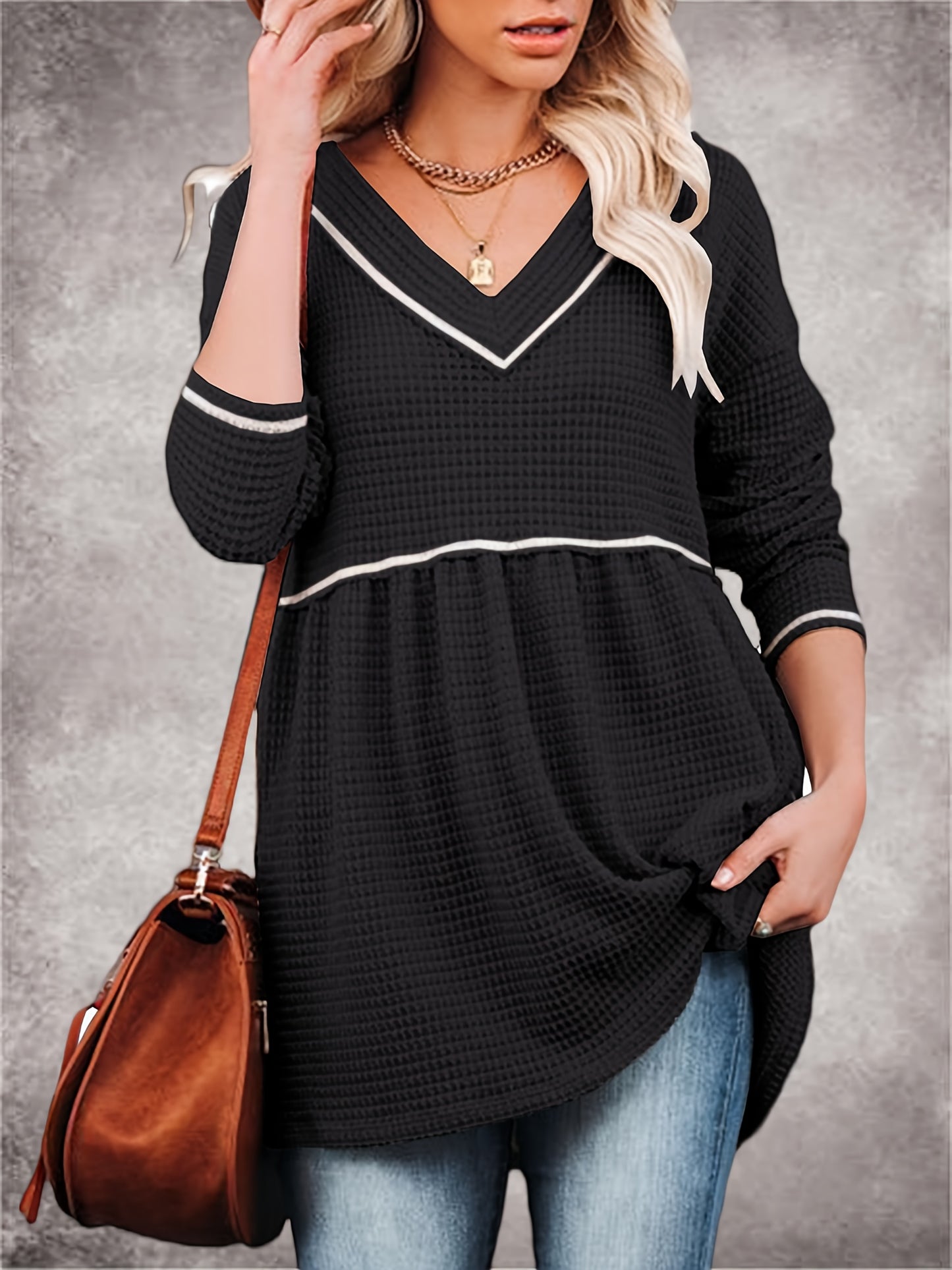 Womens V Neck Waffle Tunic Top Long Sleeve Peplum Pullover Babydoll Casual Flowy Swing Tshirts Pullover Sweaters