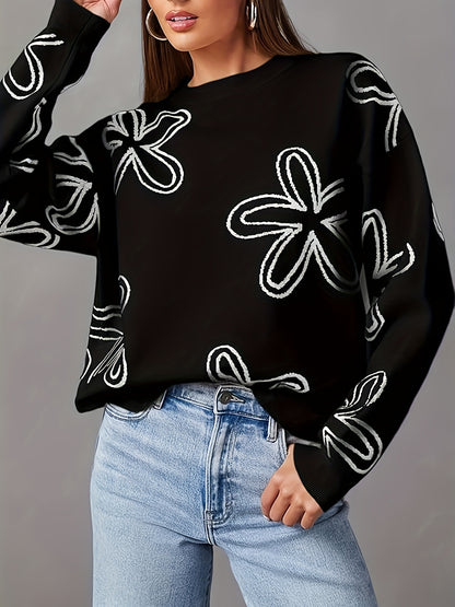 Long Sleeve Floral Print Cable Knit Casual Crewneck Sweaters For Women Pullover Sweater Tops