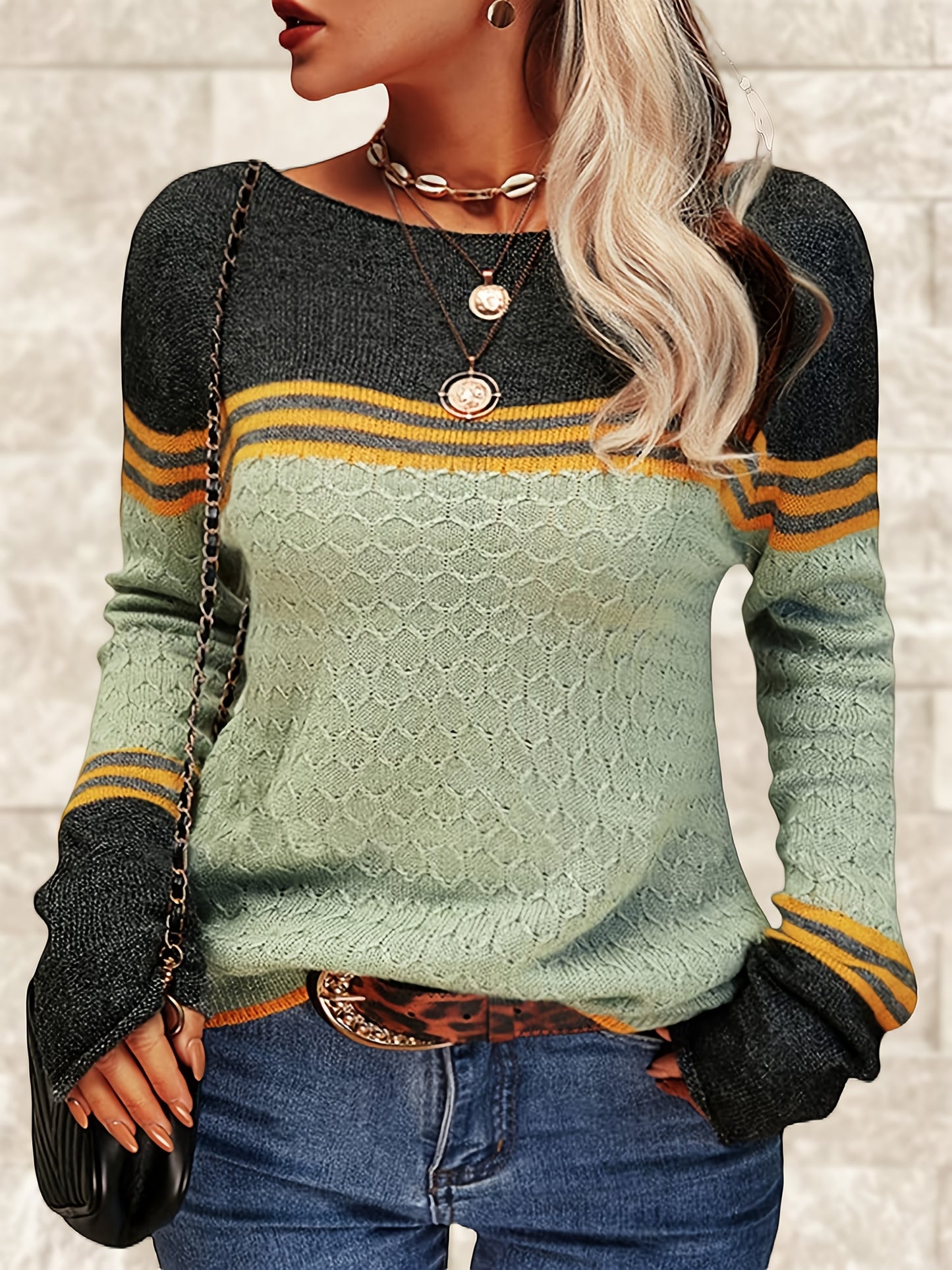 Women Autumn Winter Colorblock Pullover Sweaters Round Neck Striped Slim Fitting Knitwear Tops