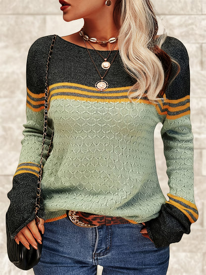 Women Autumn Winter Colorblock Pullover Sweaters Round Neck Striped Slim Fitting Knitwear Tops