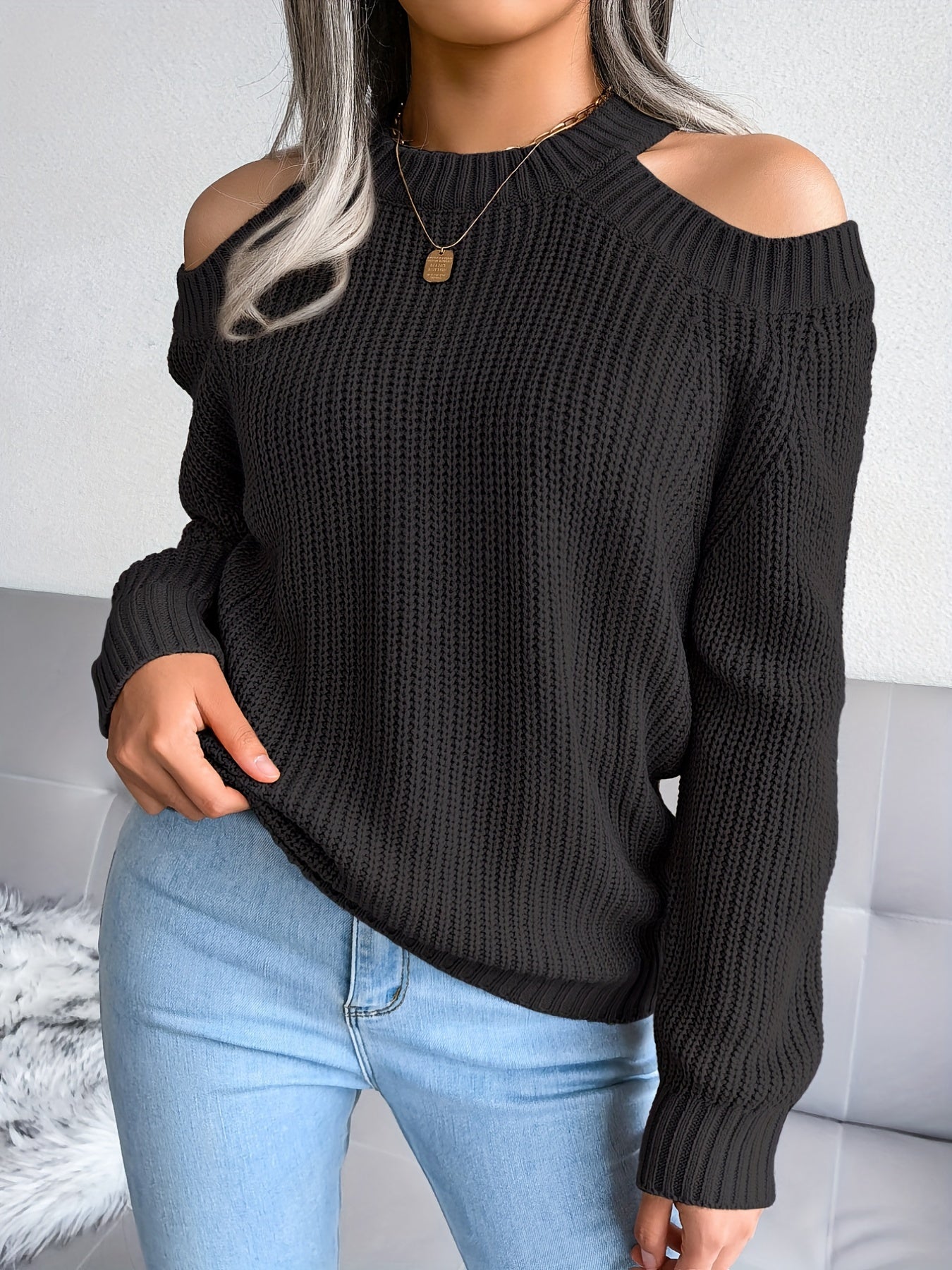 Casual Cold Shoulder Crew Neck Knitted Tops - Solid Color Pullover Sweaters for Women - Everyday Wear